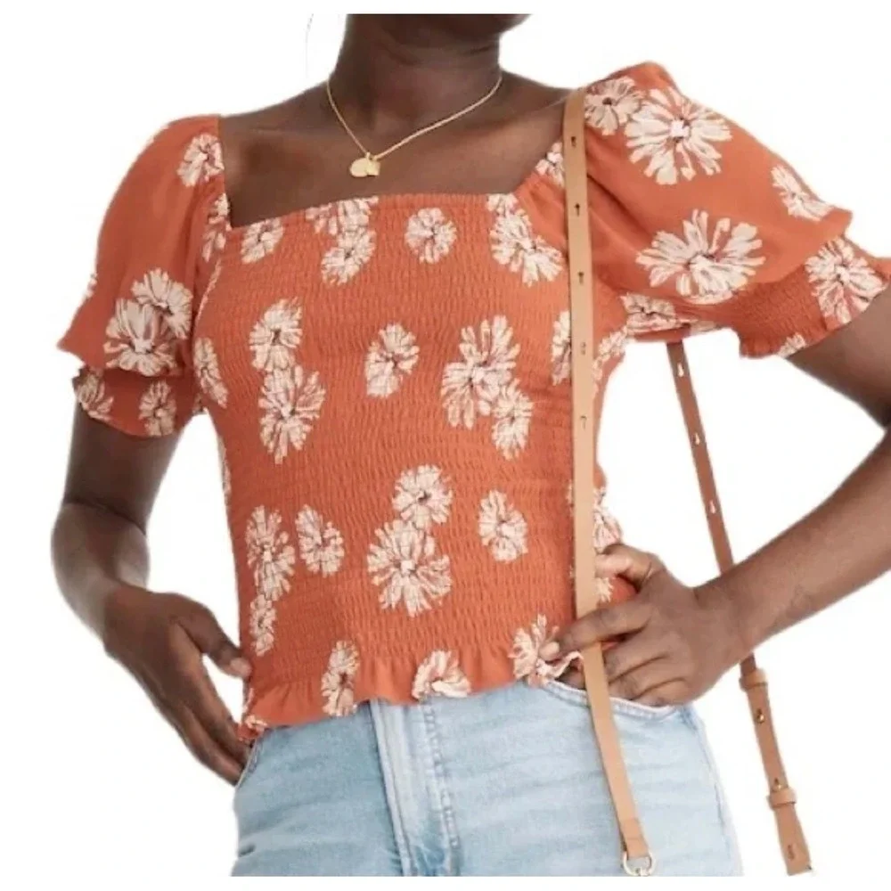 Madewell Georgette Lucie Floral Smocked Top Square Neck Puff Sleeve‎ Rust Size M - Picture 4 of 16